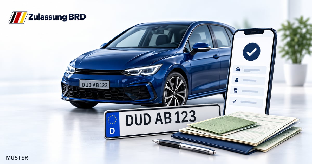 Online Fahrzeugzulassung in Rosdorf: Musterkennzeichen DUD AB 123, Auto und Fahrzeugpapiere und Smartphone. Illustration mit Logo von Zulassung BRD.